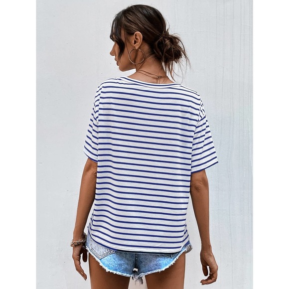Classic preppy Striped V Neck Tee shirt top white black - Picture 5 of 11